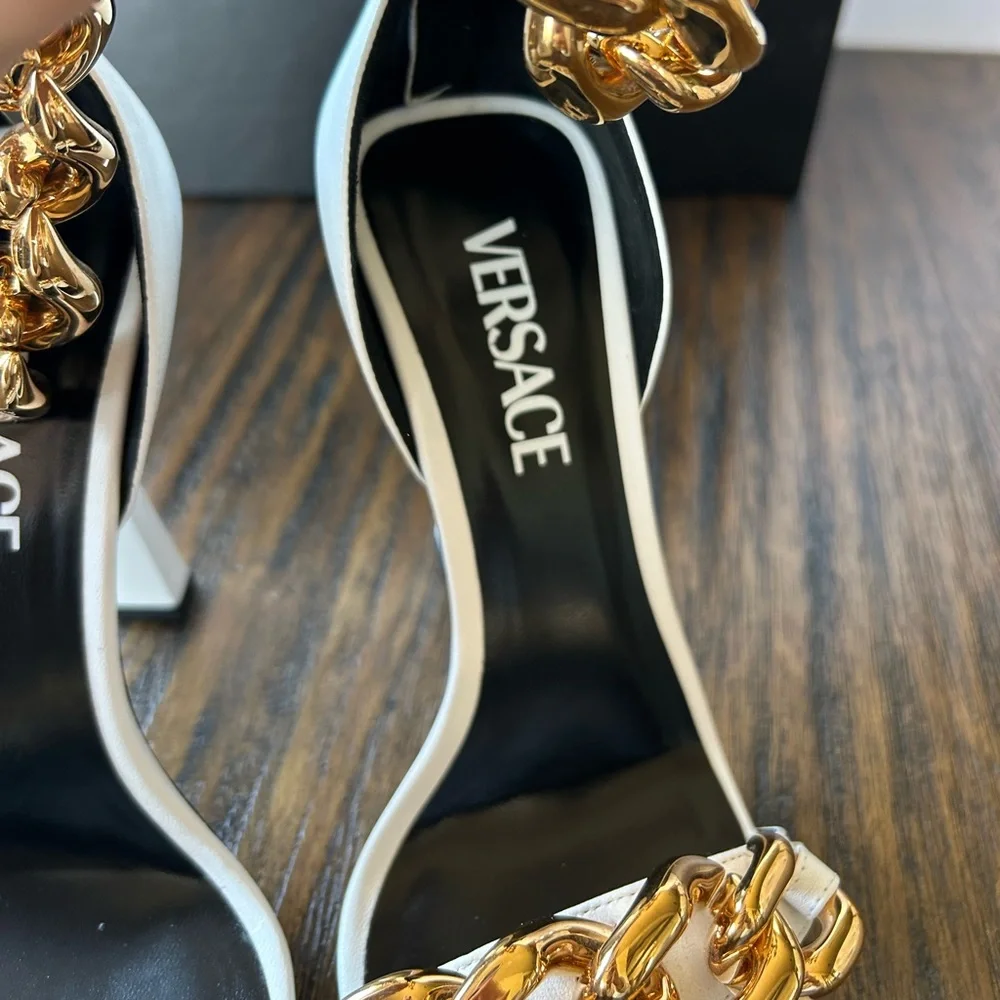 Versace Authentic White And Gold Medusa Chain Leather Sandals Heels Womens 8 - Picture 8 of 16